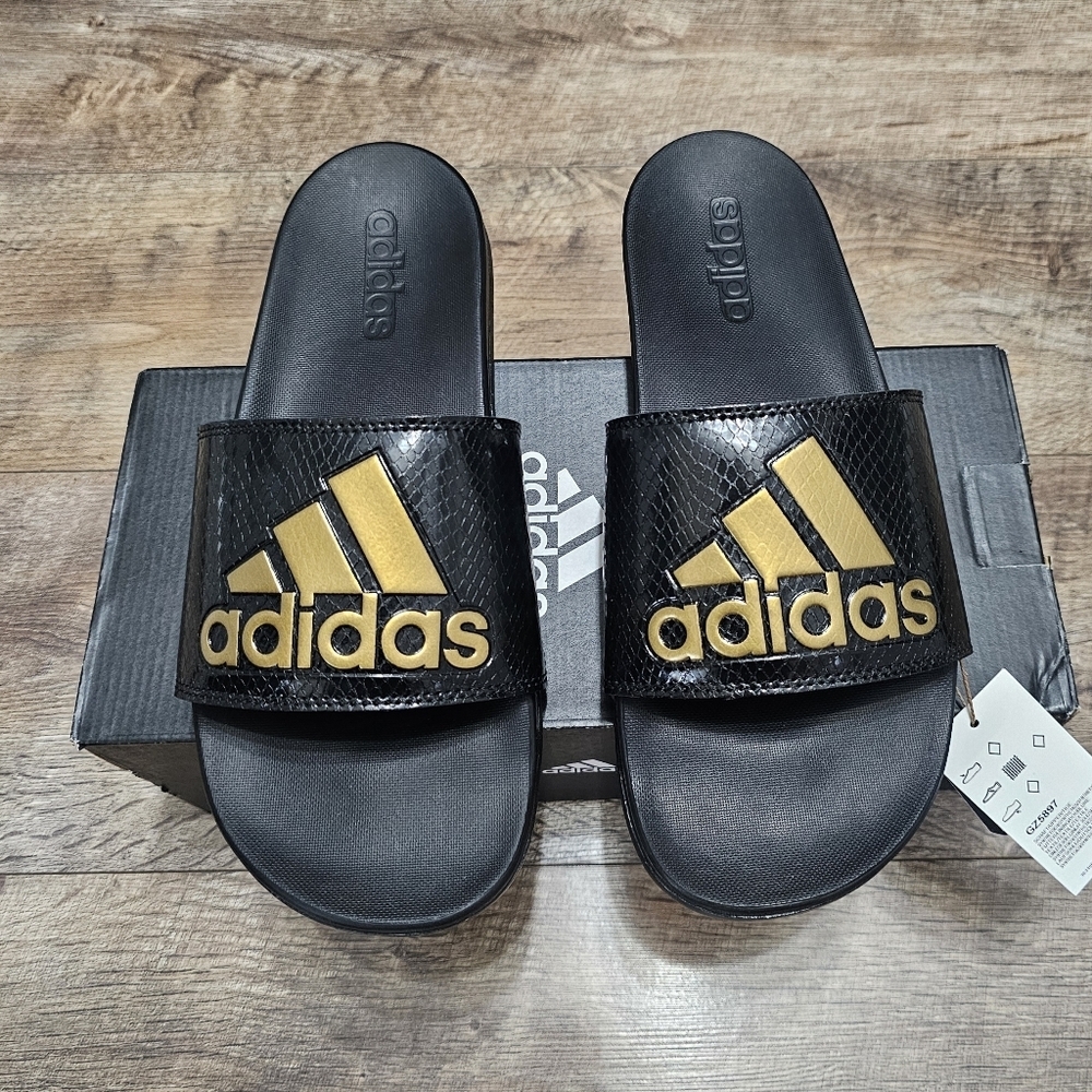 adidas Black and Gold Adilette Slide Sandals